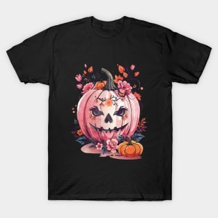 Pink Pumpkin face, with floral and orange flowers, cute Halloween T-Shirt